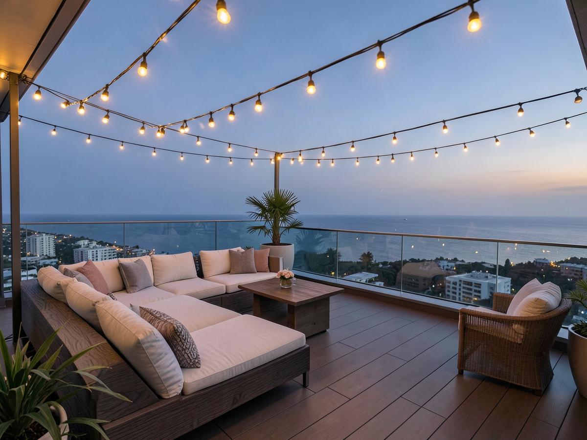 Sea-view penthouse terrace managed by Oveira at dusk